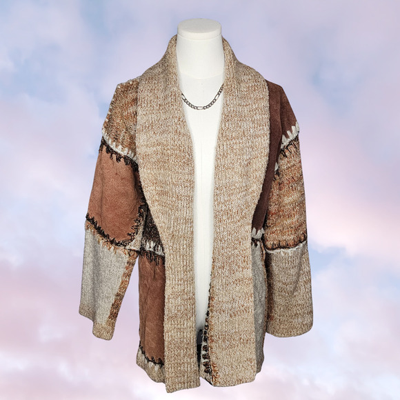 Vintage Sweaters - Vintage Cardigan Boho Patchwork Leather Acrylic 70's Chunky Knit Ugly Sweater M